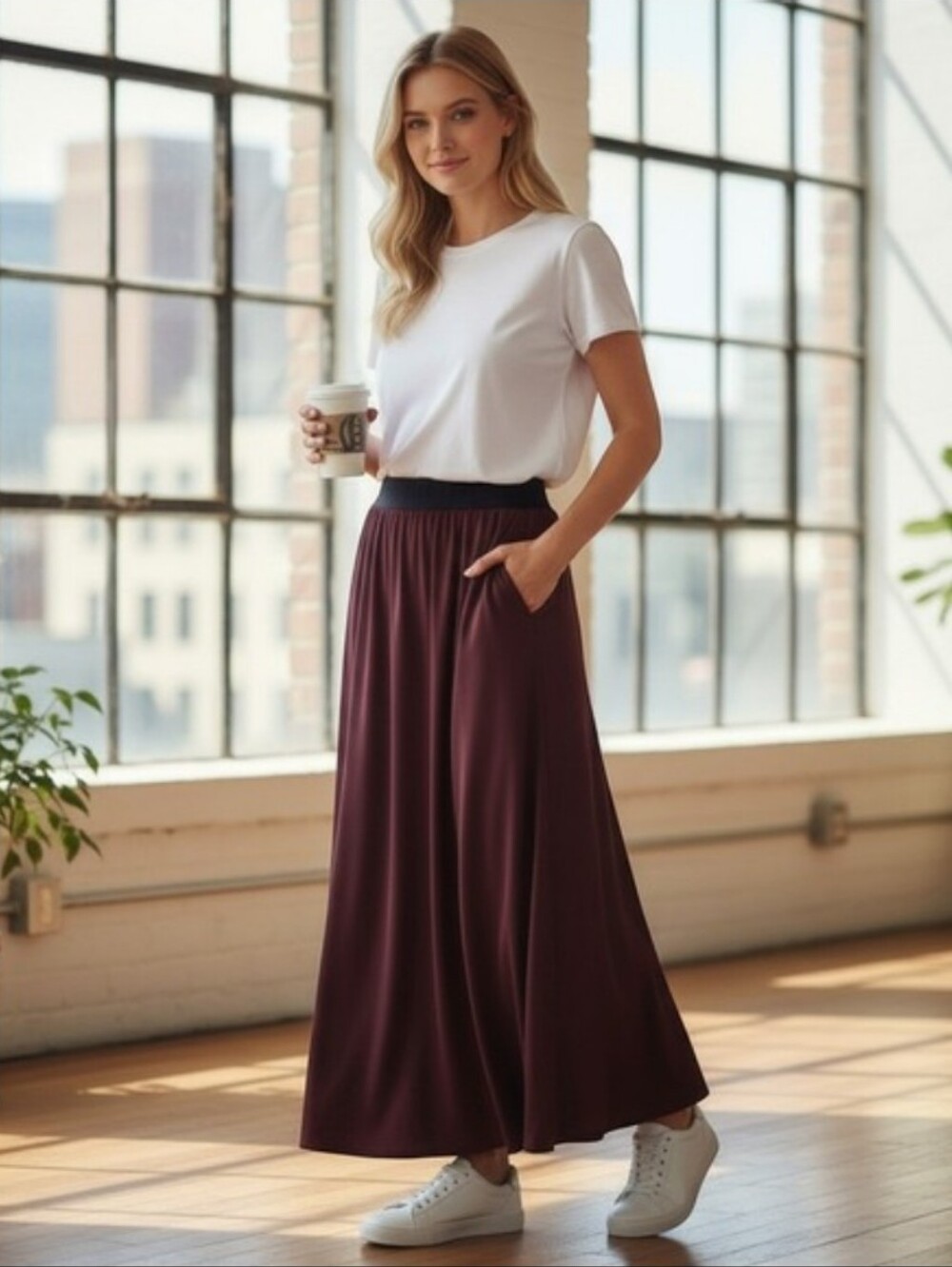 Bella Dahl Ada Elastic Waist Bias Skirt with Black Waistband- XLP